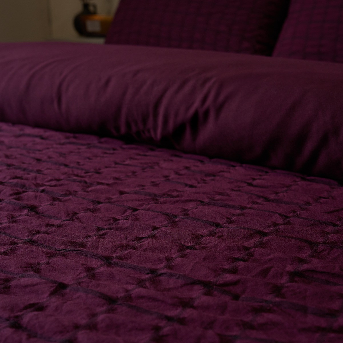 OHS Geometric Seersucker Duvet Set, Wine - Double>