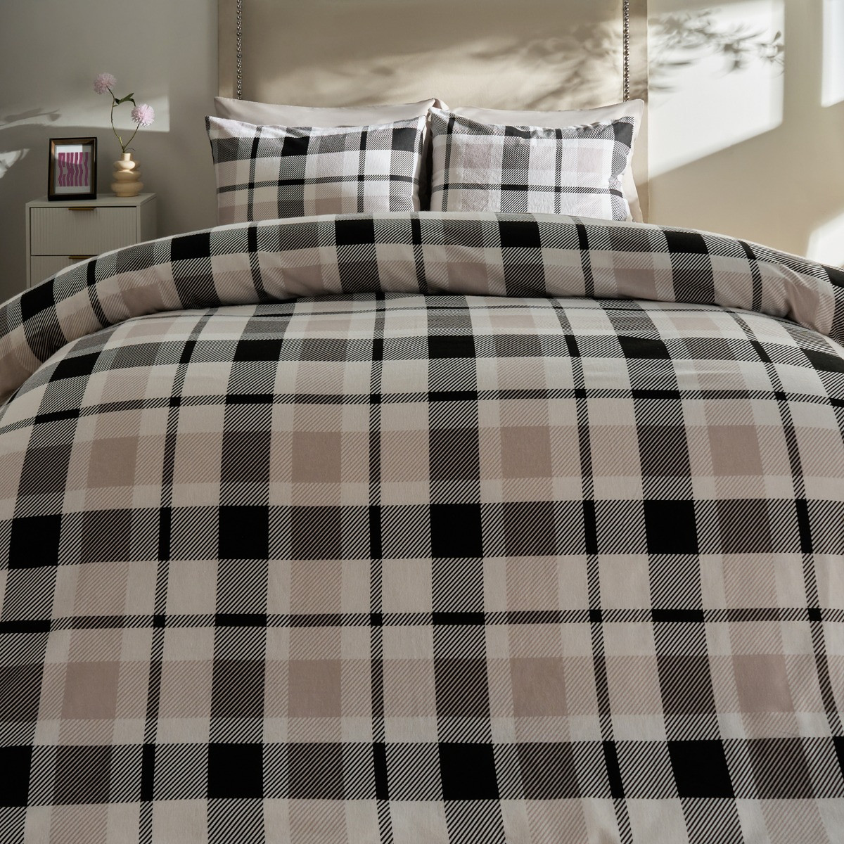 OHS Farmers Check Brushed Cotton Duvet Cover Set, Monochrome - Single>