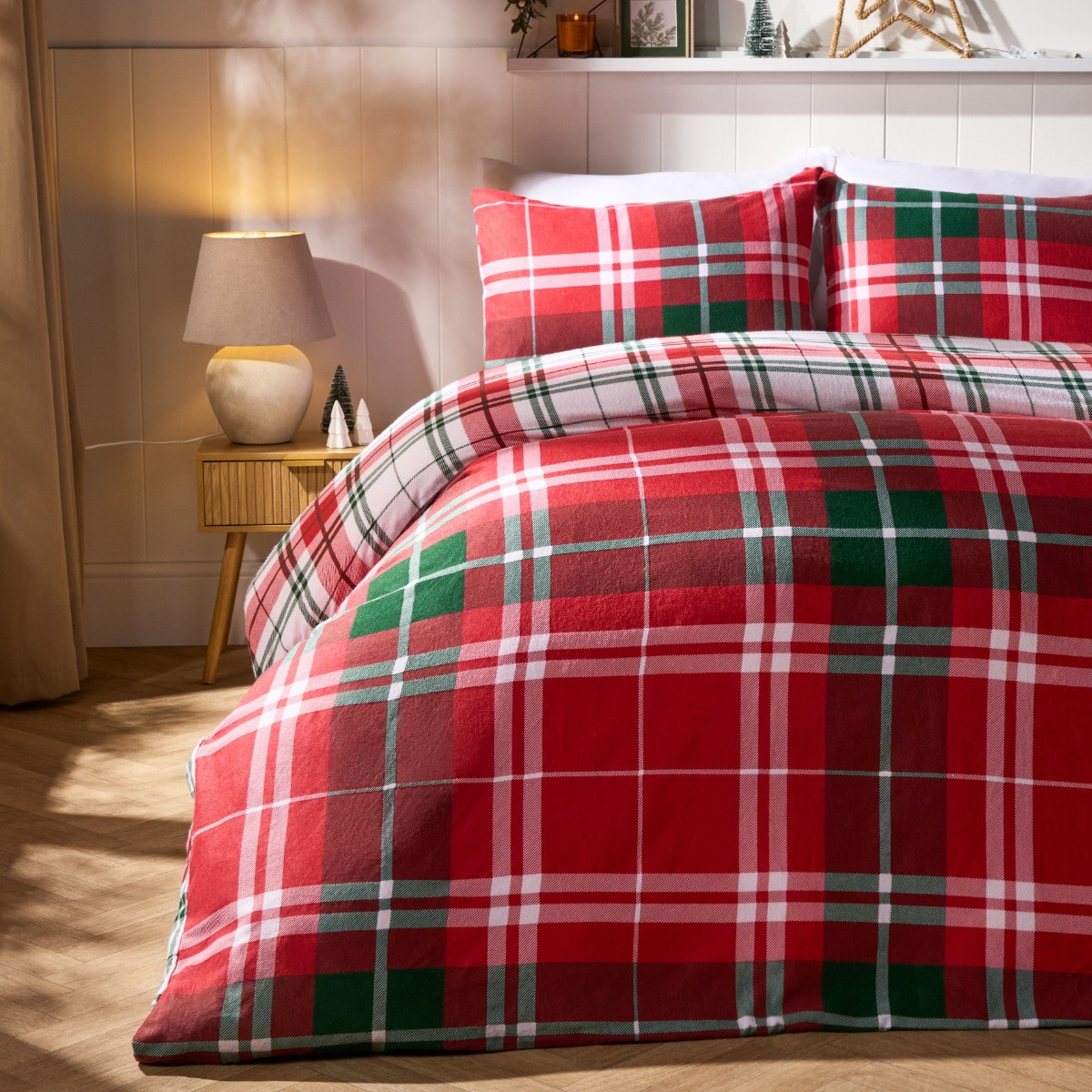 OHS Traditional Christmas Check Brushed Cotton Duvet Cover Set, Red - Single>