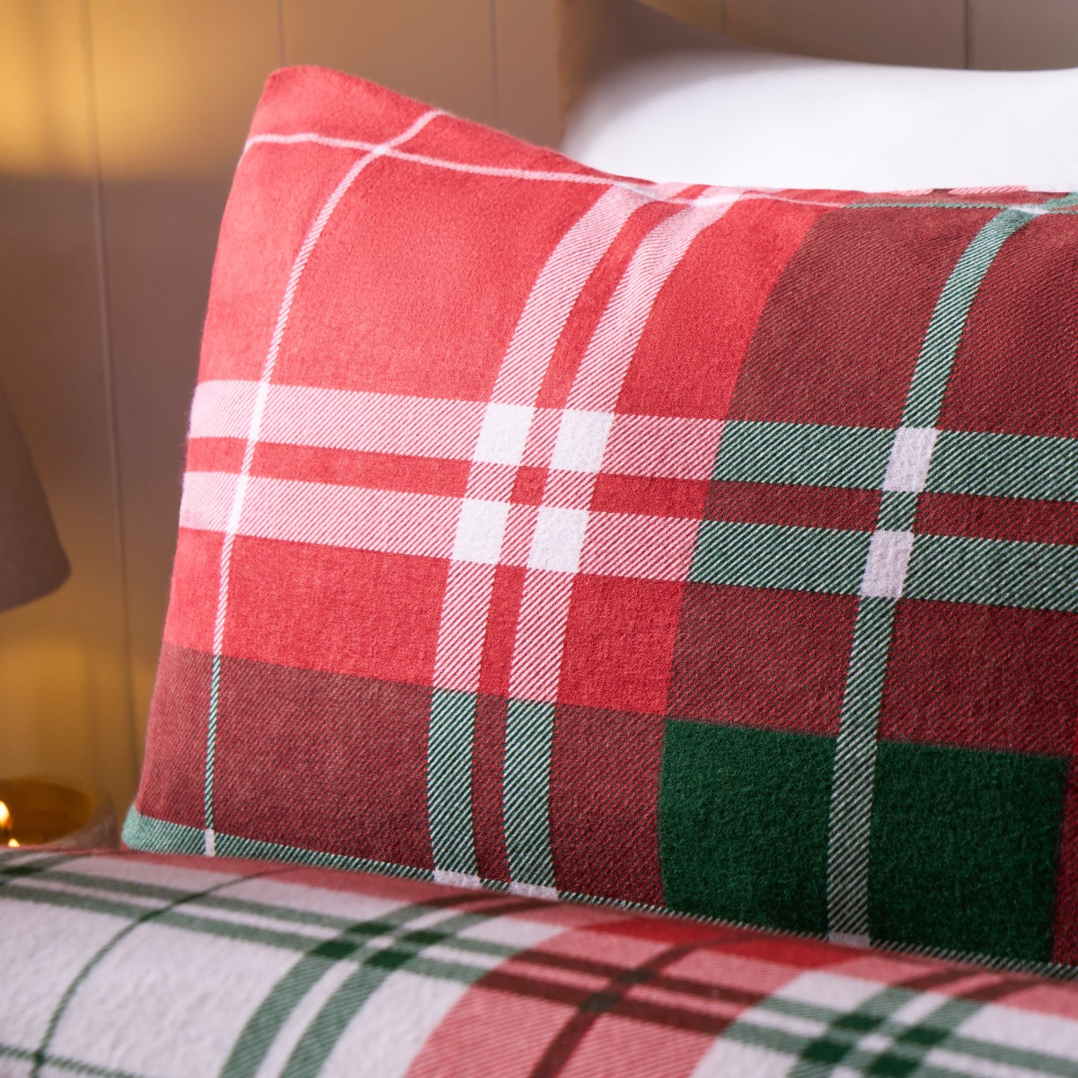 OHS Traditional Christmas Check Brushed Cotton Duvet Cover Set, Red - King>