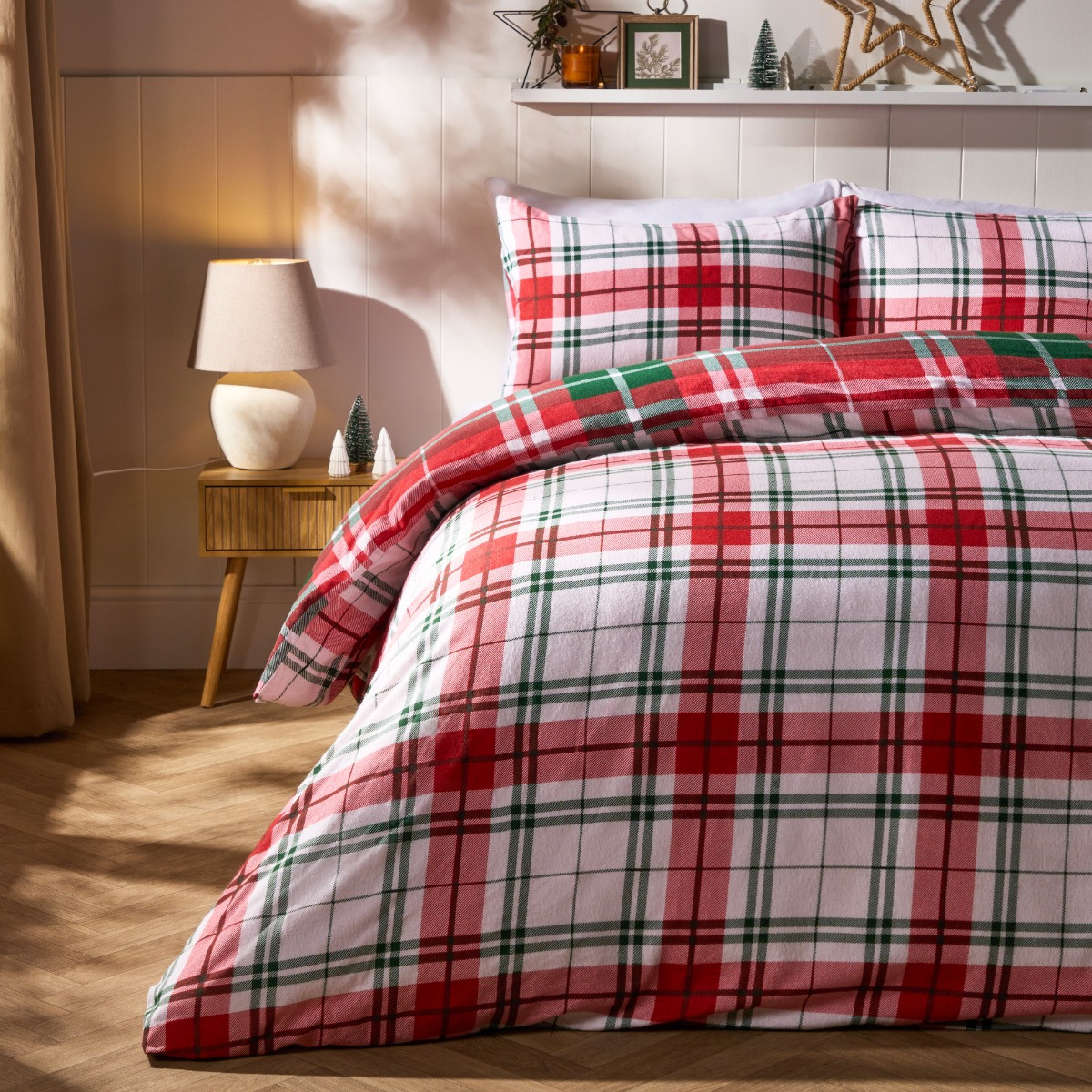 OHS Traditional Christmas Check Brushed Cotton Duvet Cover Set, Red - King>