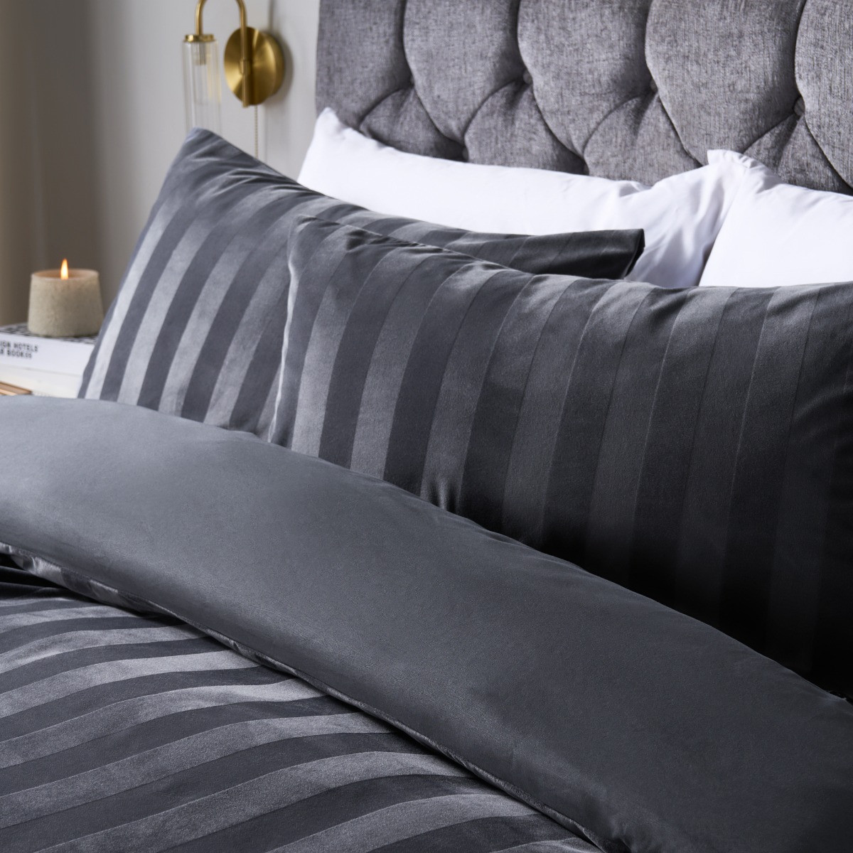 OHS Velvet Stripe Duvet Cover Set - Charcoal>