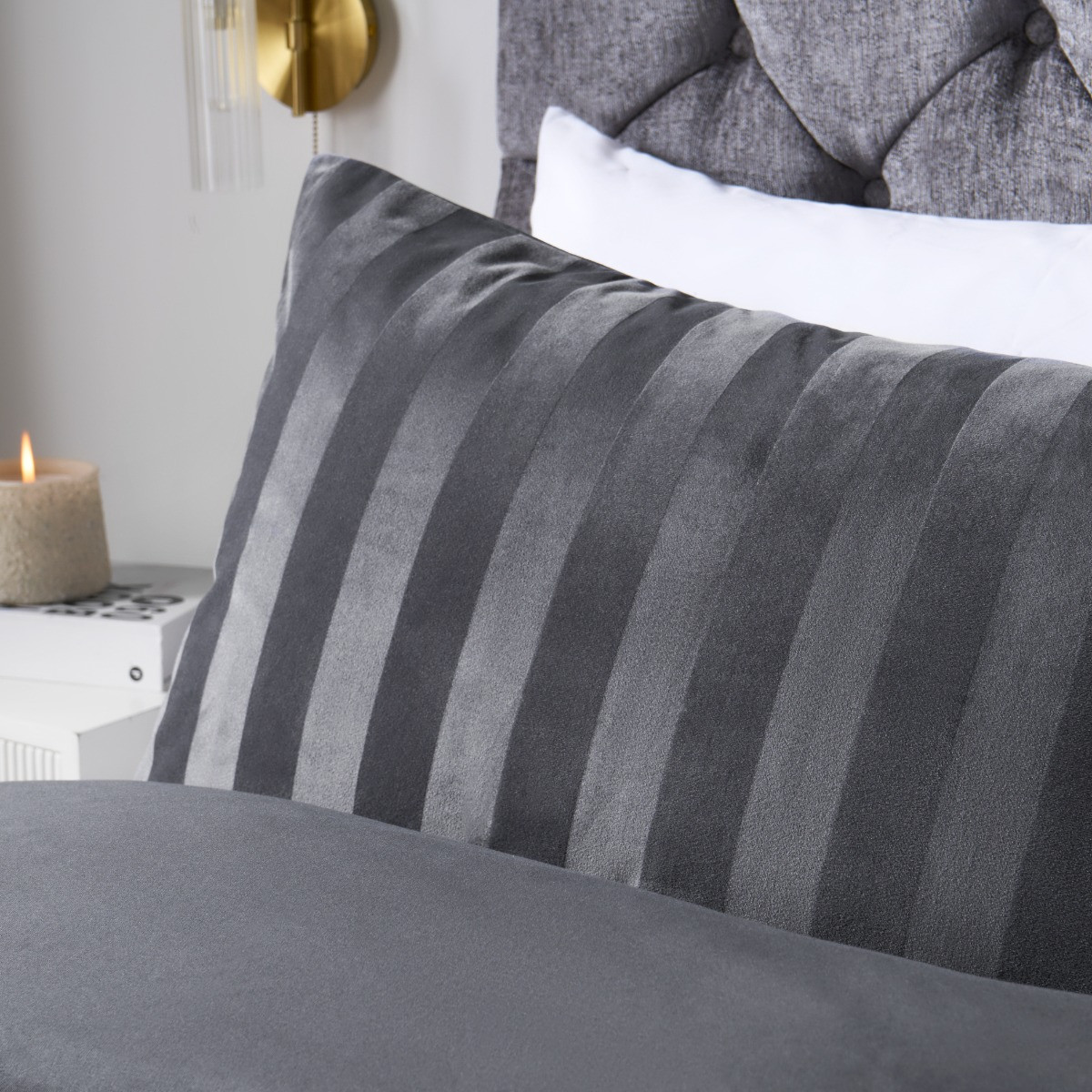 OHS Velvet Stripe Duvet Cover Set - Charcoal>