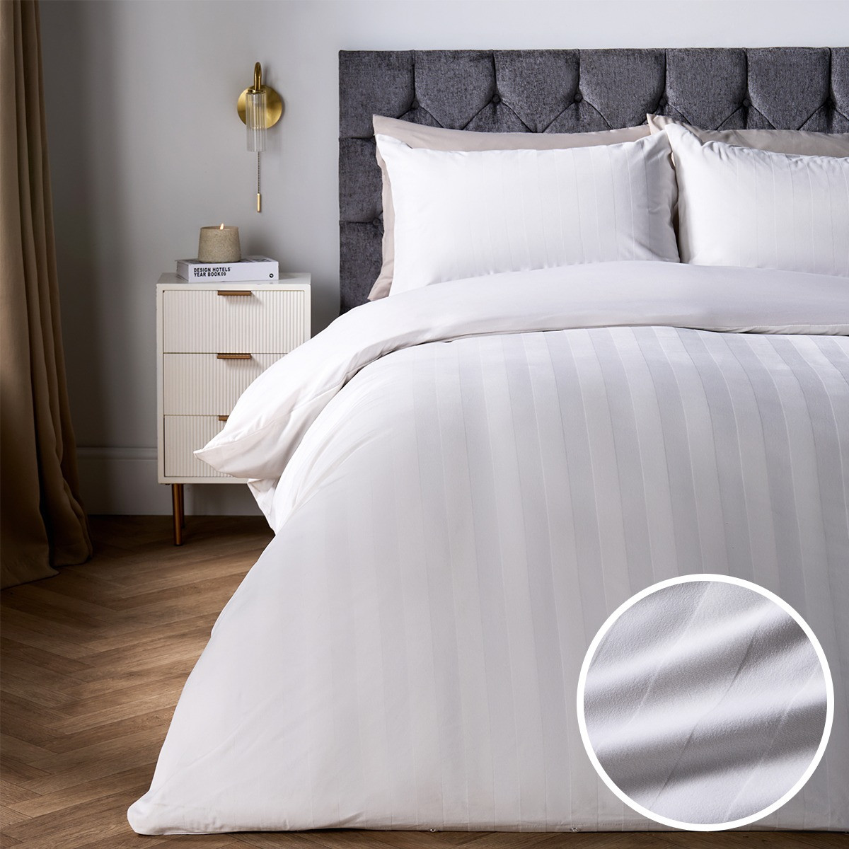 OHS Velvet Stripe Duvet Cover Set - Cream>