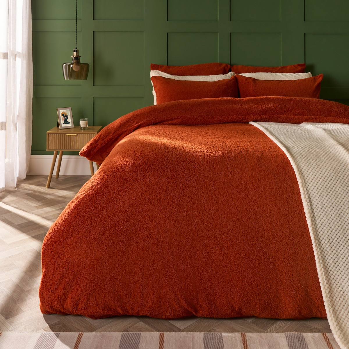 OHS Teddy Fleece Duvet Cover Set, Rust - Single>