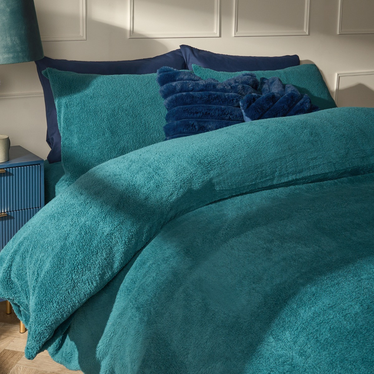 OHS Teddy Fleece Duvet Cover Set, Teal - Superking>