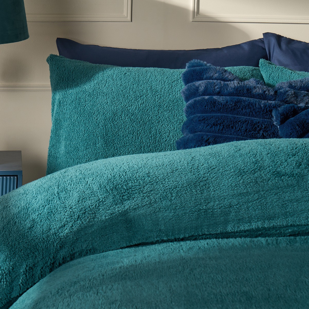 OHS Teddy Fleece Duvet Cover Set, Teal - Double>