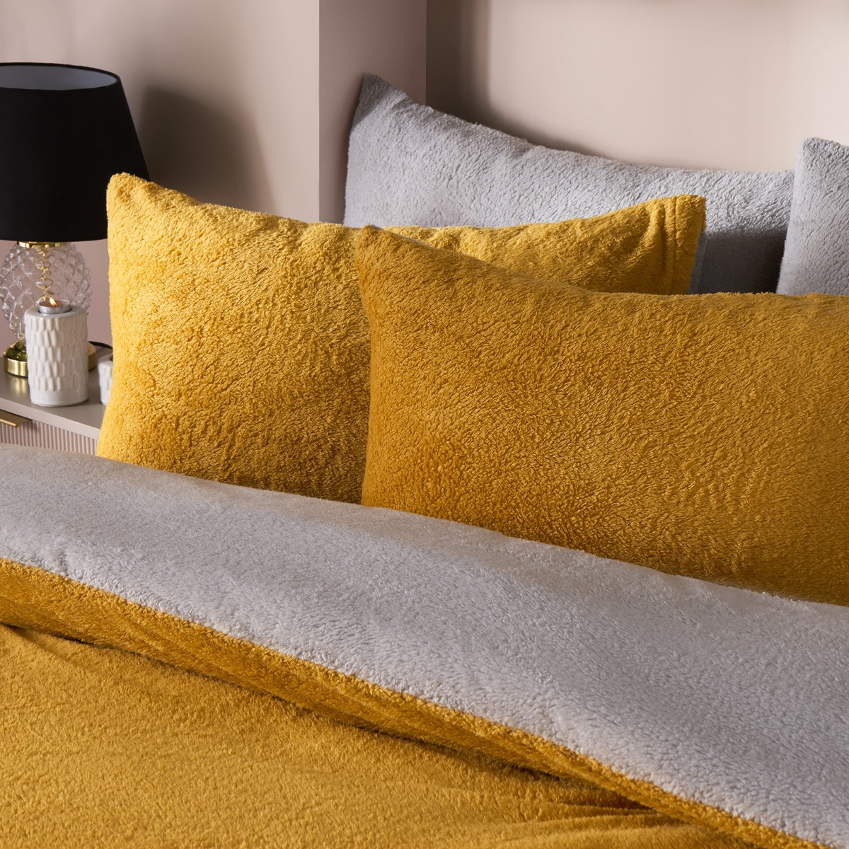 OHS Teddy Fleece Reversible Duvet Cover Set - Ochre/Grey>