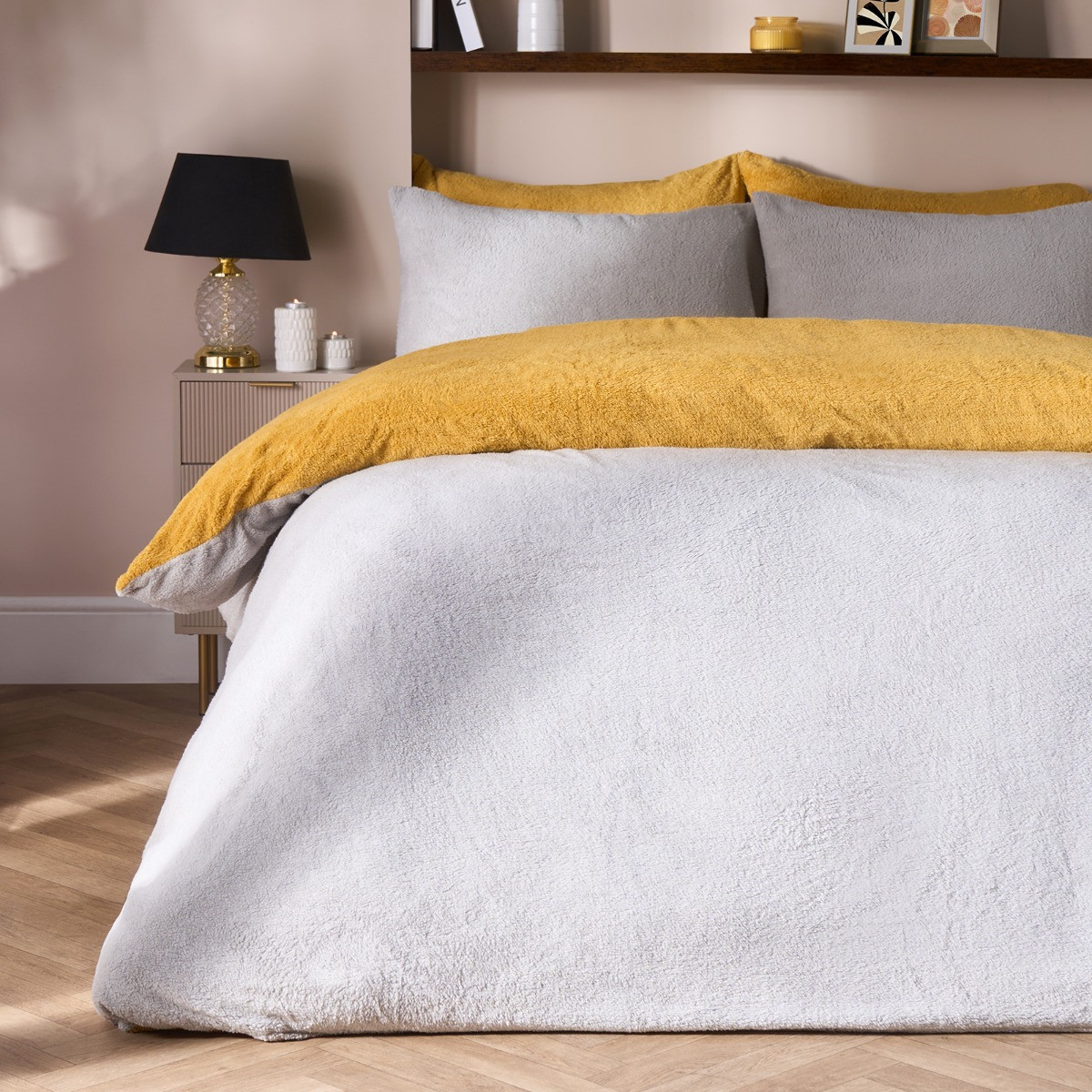 OHS Teddy Fleece Reversible Duvet Cover Set, Ochre/Grey - Single>