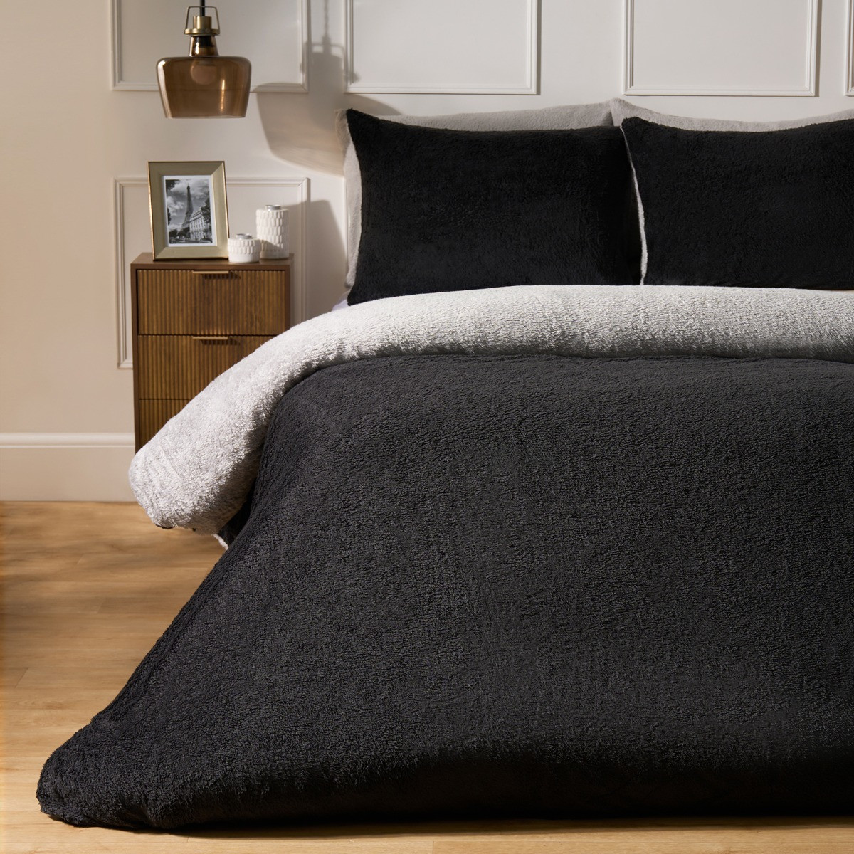 OHS Teddy Fleece Reversible Duvet Cover Set, Black/Natural - Superking>