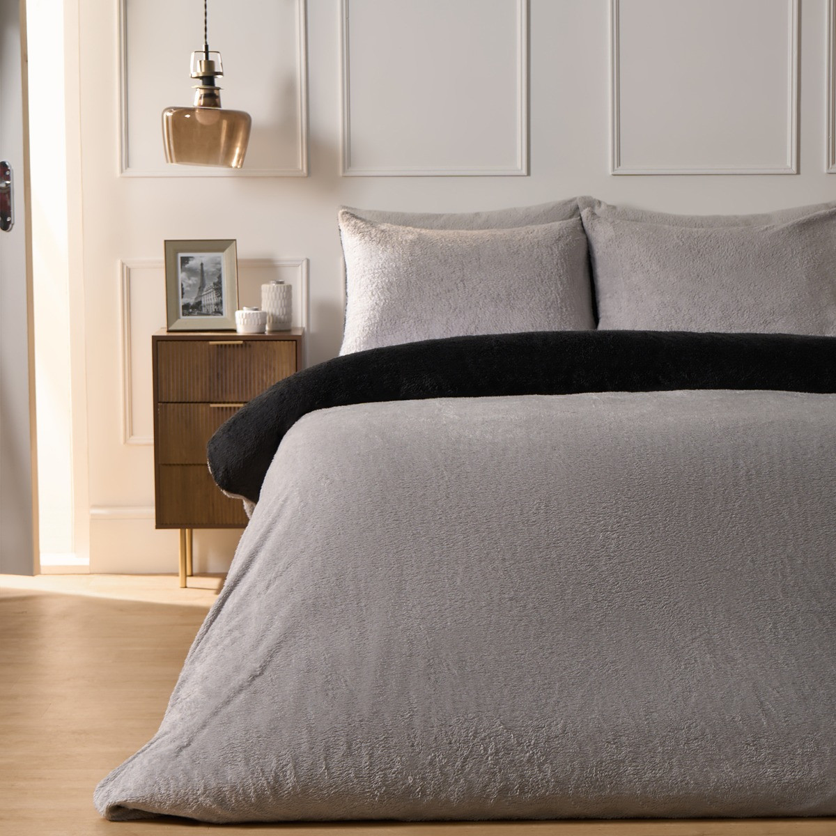 OHS Teddy Fleece Reversible Duvet Cover Set, Black/Natural - Superking>