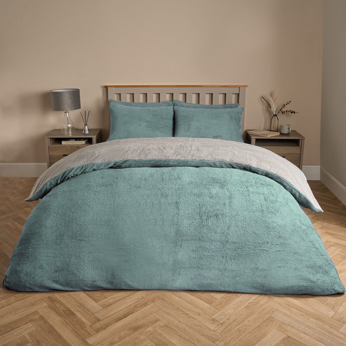 OHS Teddy Fleece Reversible Duvet Cover Set, Duck Egg/Grey - King>