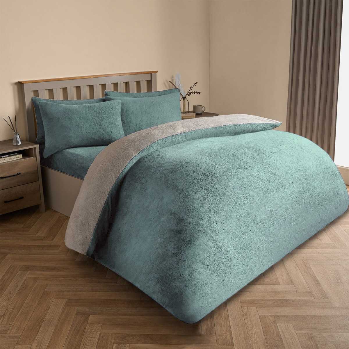 OHS Teddy Fleece Reversible Duvet Cover Set, Duck Egg/Grey - King>