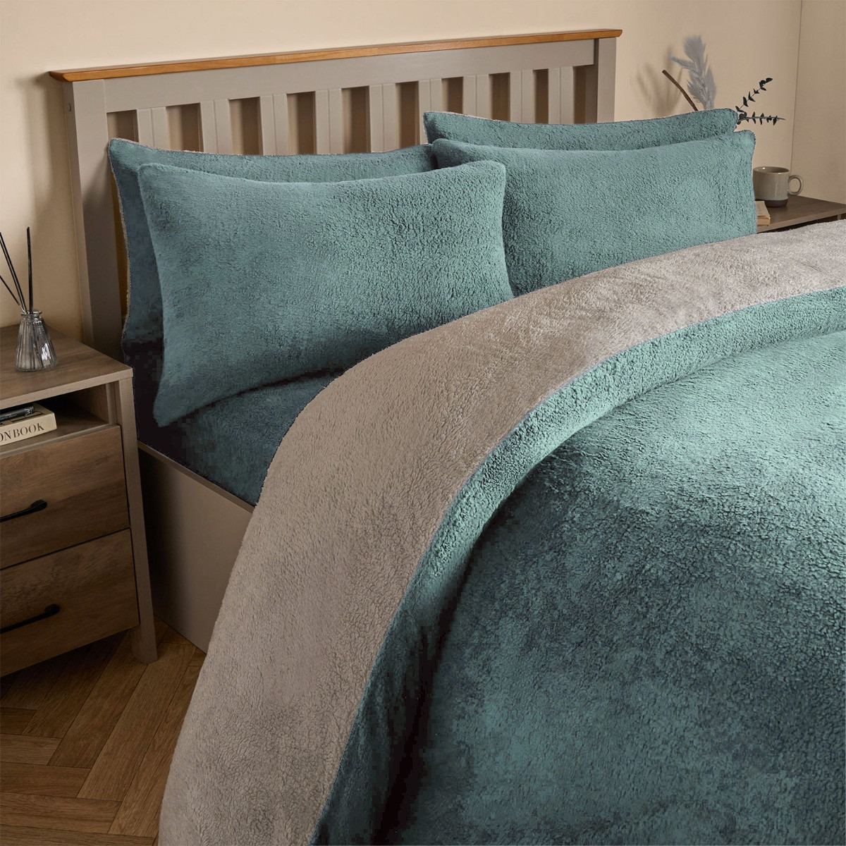 OHS Teddy Fleece Reversible Duvet Cover Set, Duck Egg/Grey - Superking>