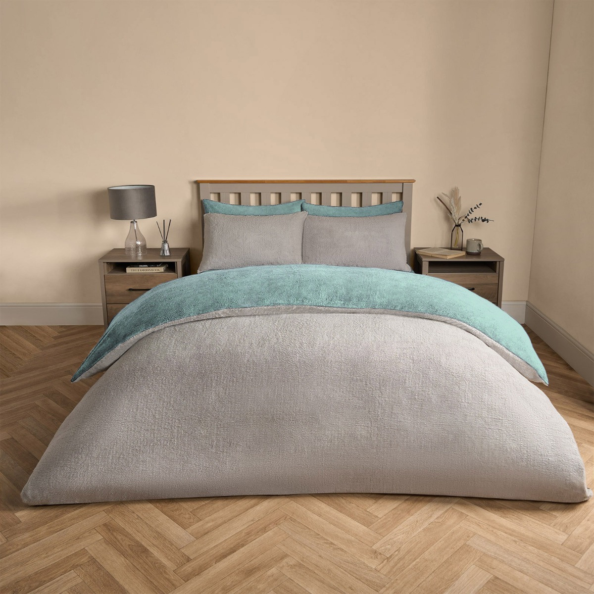 OHS Teddy Fleece Reversible Duvet Cover Set, Duck Egg/Grey - King>
