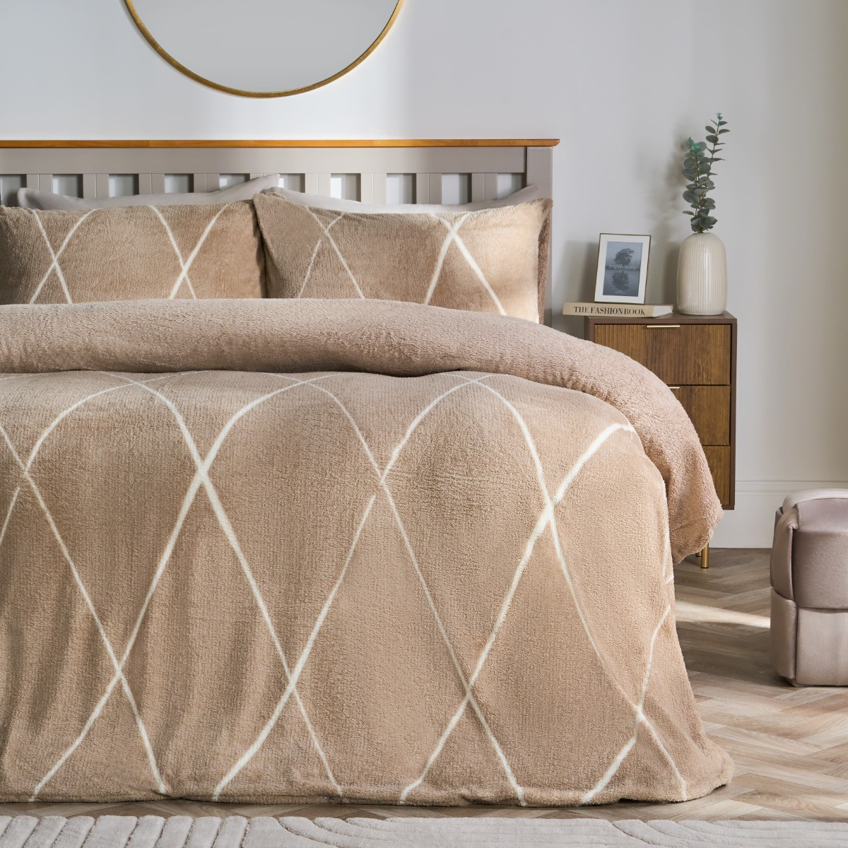 OHS Diamond Check Teddy Fleece Duvet Cover Set - Natural>