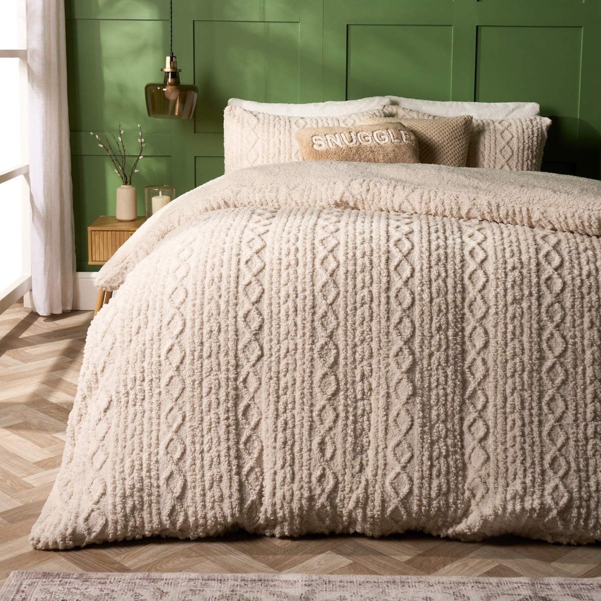OHS Cable Knit Sherpa Fleece Duvet Cover Set, Natural - Double>