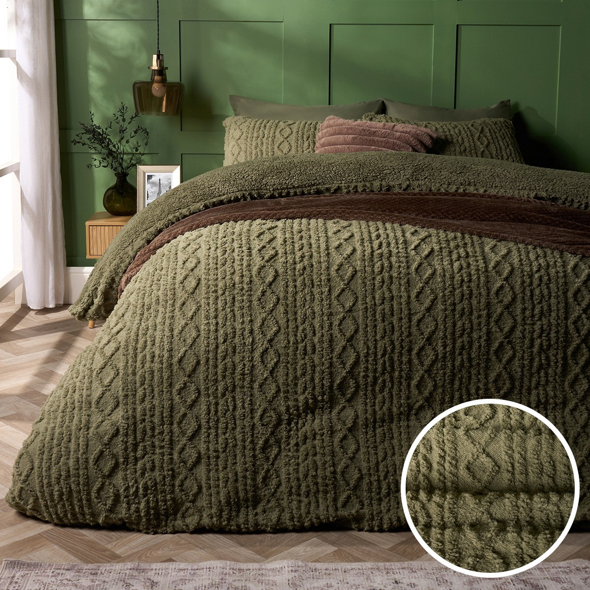 OHS Cable Knit Fleece Duvet Cover Set, Woodland Green - King>