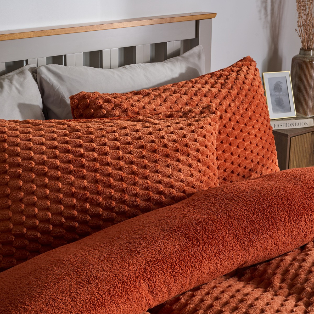 OHS Waffle Fleece Duvet Cover Set, Rust - Single>