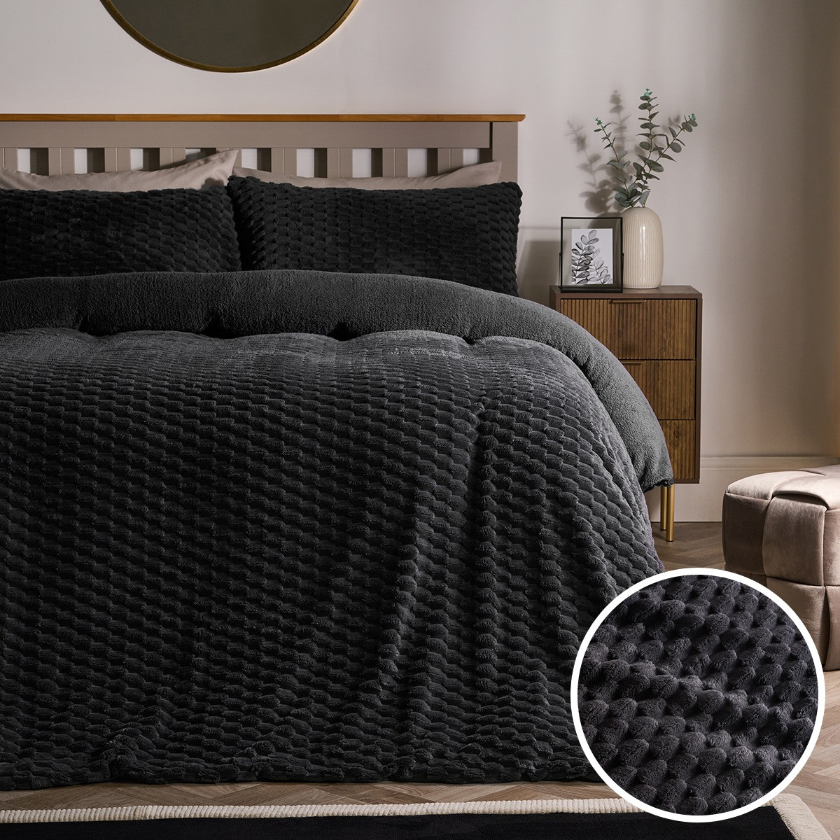 OHS Waffle Fleece Duvet Cover Set, Charcoal - Double>