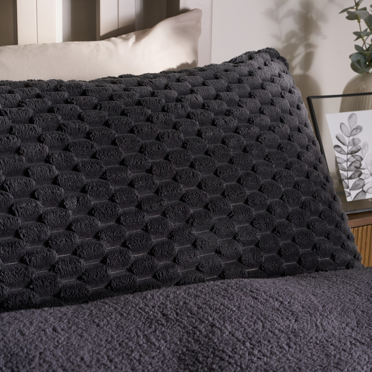 OHS Waffle Fleece Duvet Cover Set, Charcoal - Double>