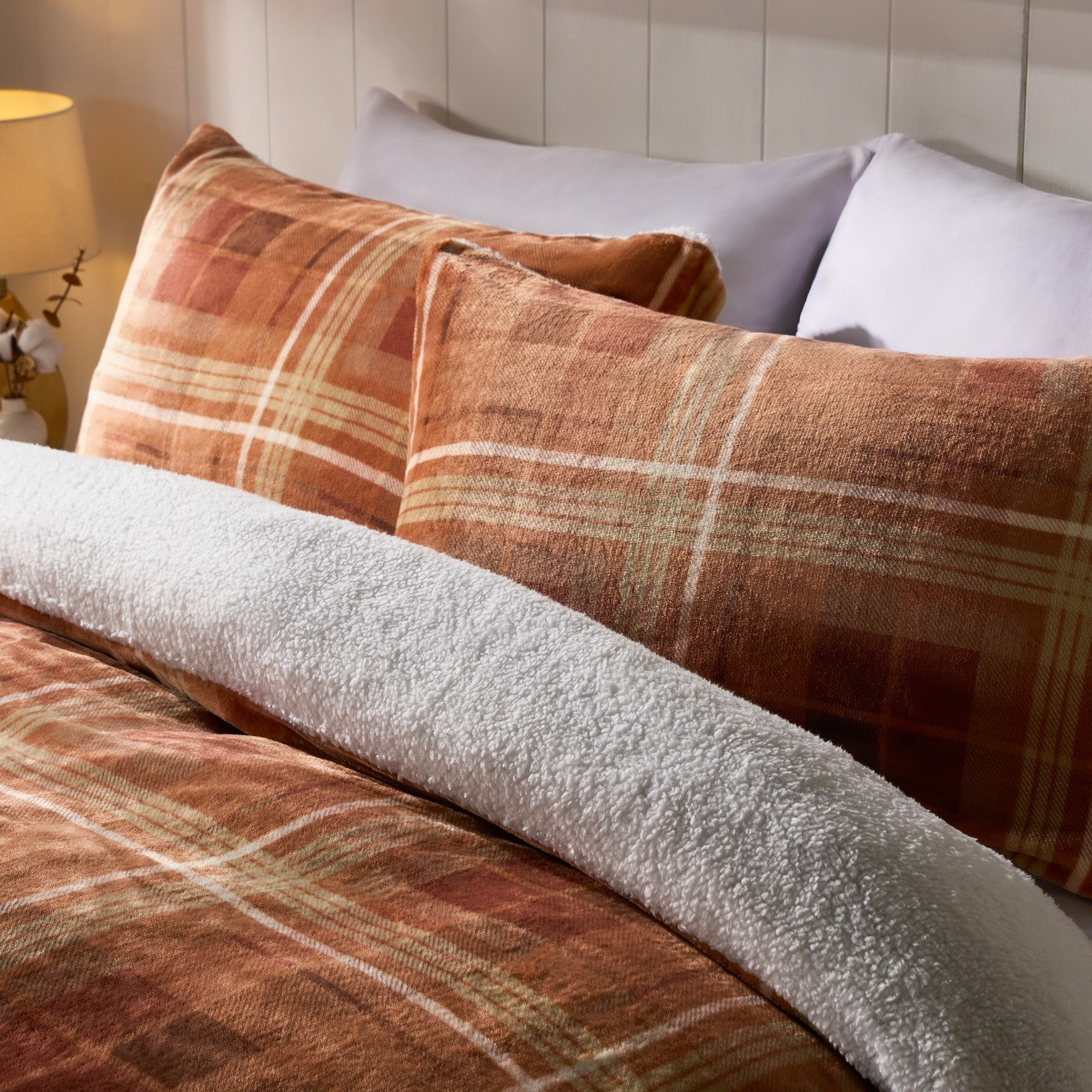OHS Autumn Check Fleece Duvet Cover Set , Rust - Double>