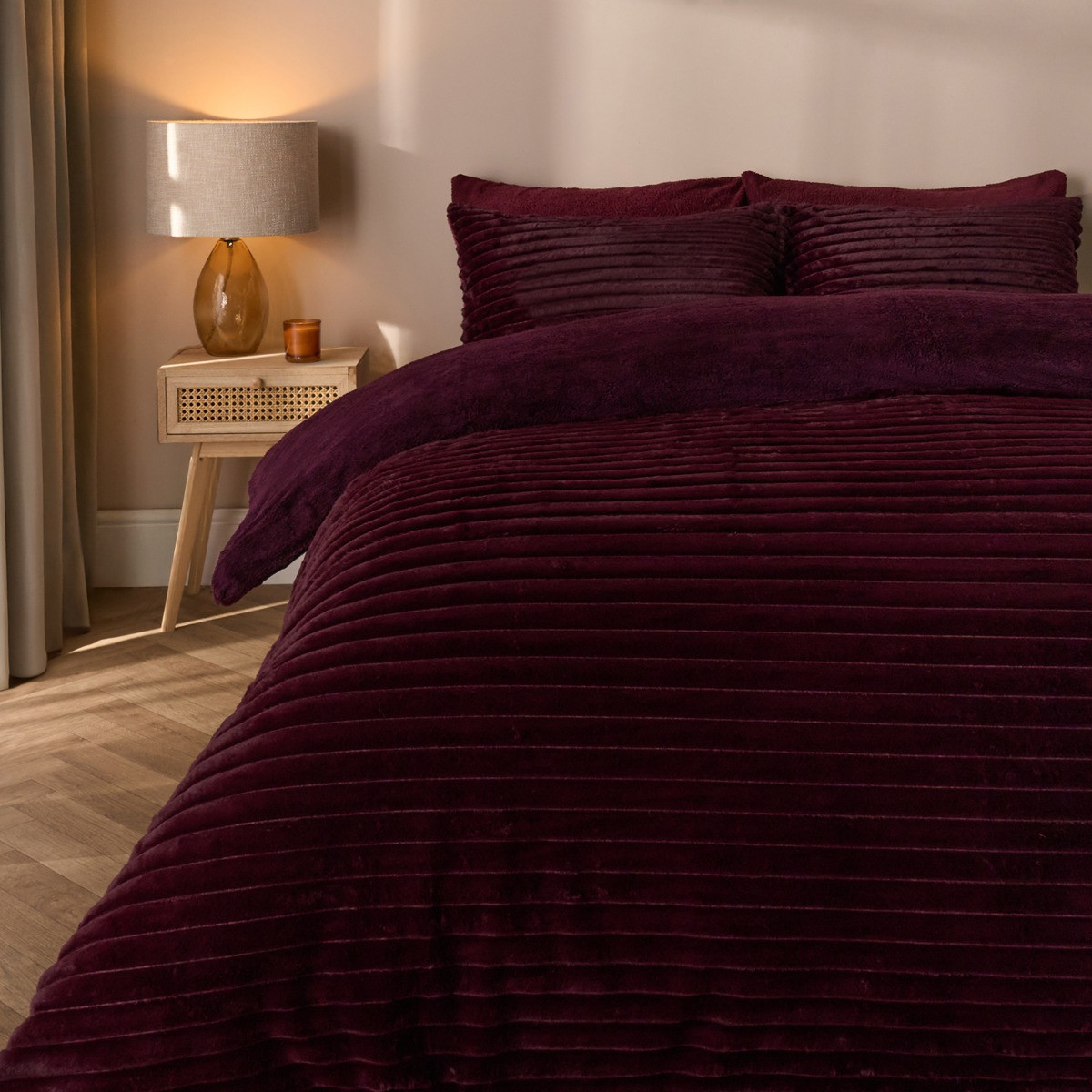 OHS Ribbed Faux Fur Duvet Cover Set, Burgundy - Double>