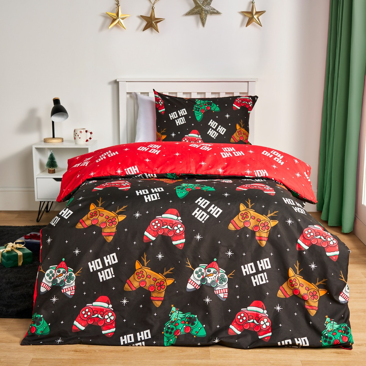 OHS Christmas Gaming Duvet Cover Set, Black - Single>