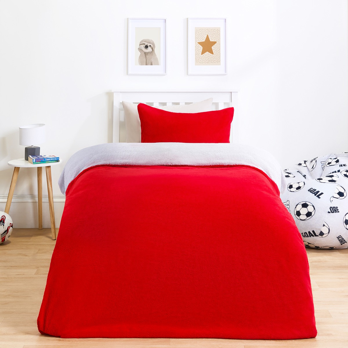 OHS Teddy Fleece Reversible Duvet Cover Set, Red/Grey - Single>