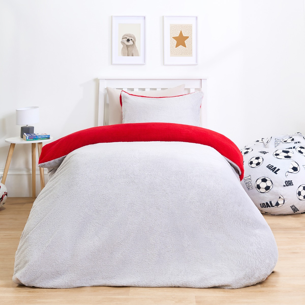 OHS Teddy Fleece Reversible Duvet Cover Set, Red/Grey - Single>