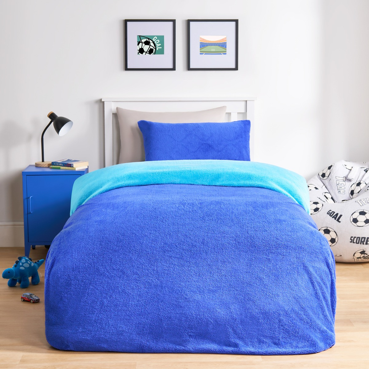 OHS Teddy Fleece Reversible Duvet Cover Set, Blue/Sea Blue - Single>