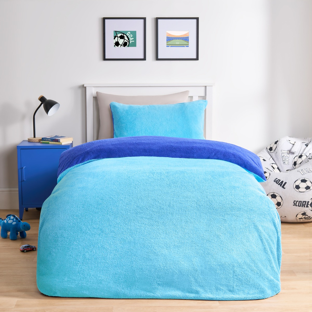 OHS Teddy Fleece Reversible Duvet Cover Set, Blue/Sea Blue - Single>