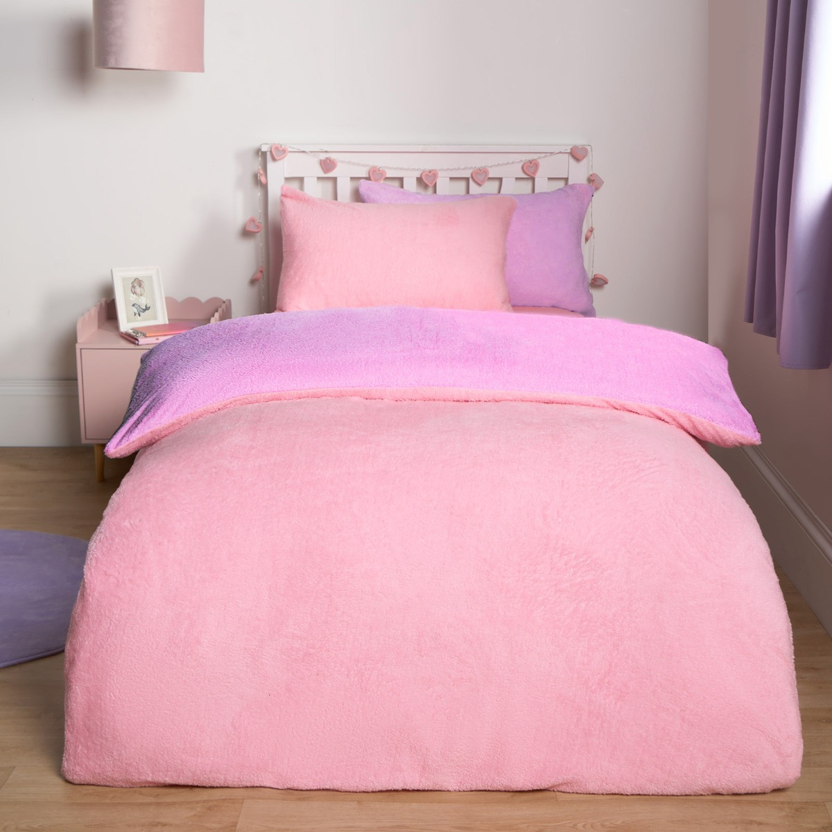 OHS Teddy Fleece Reversible Duvet Cover Set, Pink/ Lilac - Double>