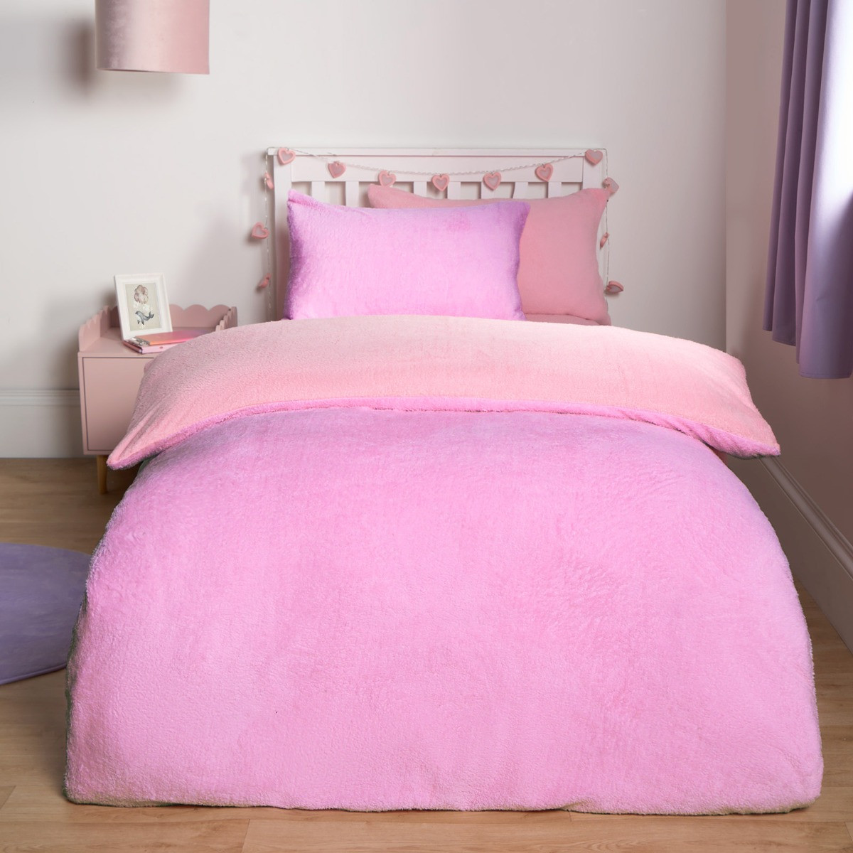 OHS Teddy Fleece Reversible Duvet Cover Set, Pink/ Lilac - Double>