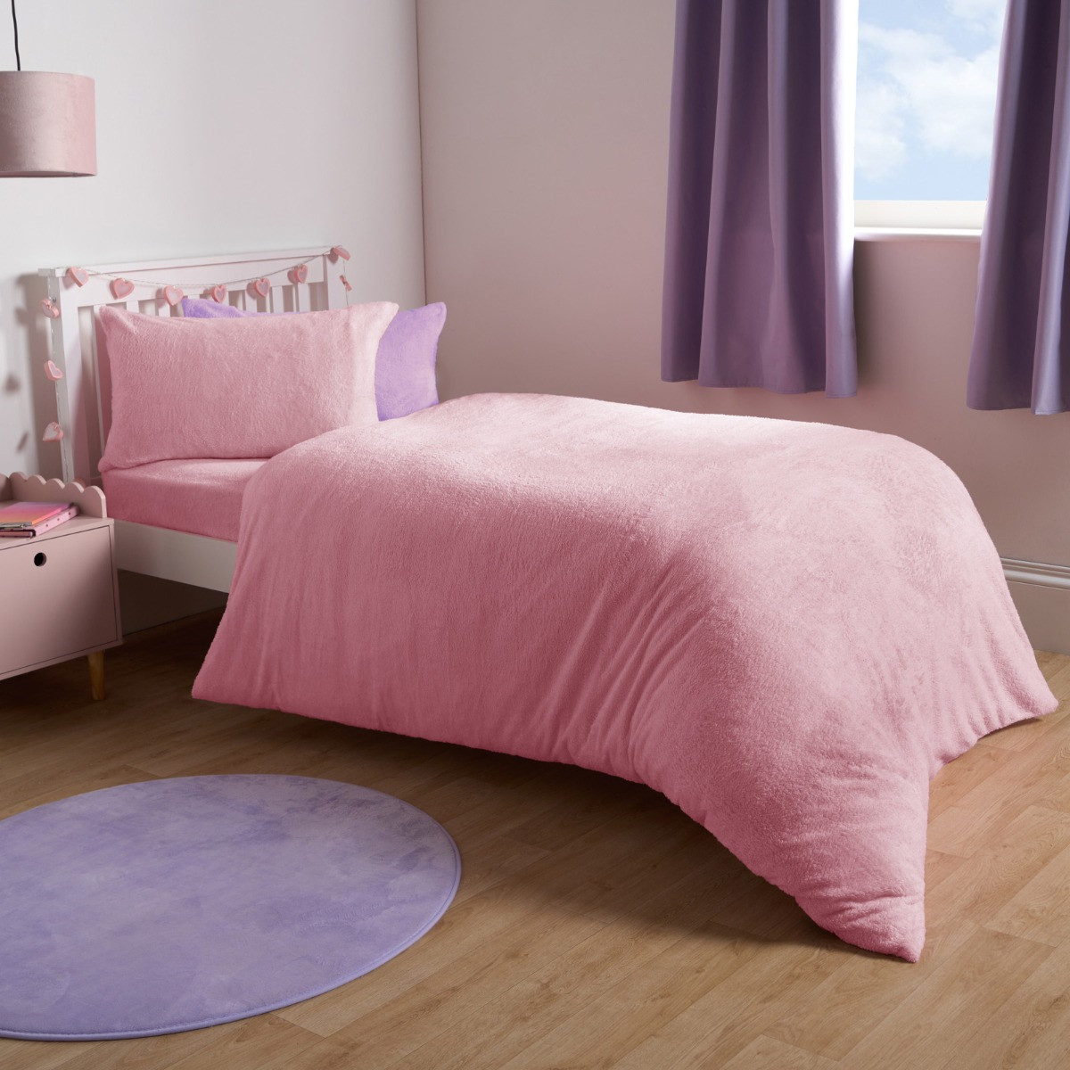 OHS Teddy Fleece Reversible Duvet Cover Set, Pink/ Lilac - Single>