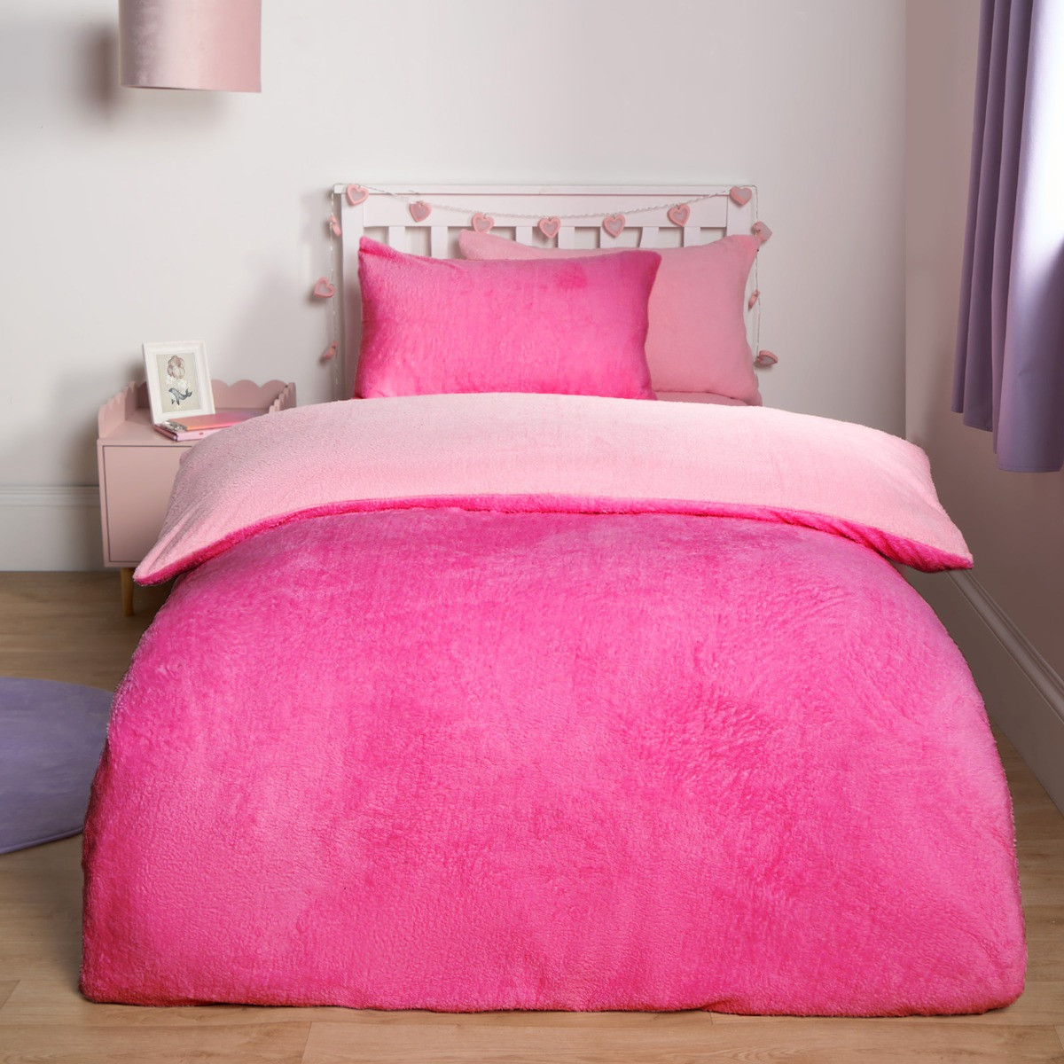 OHS Teddy Fleece Reversible Duvet Cover Set - Pink/ Bright Pink>