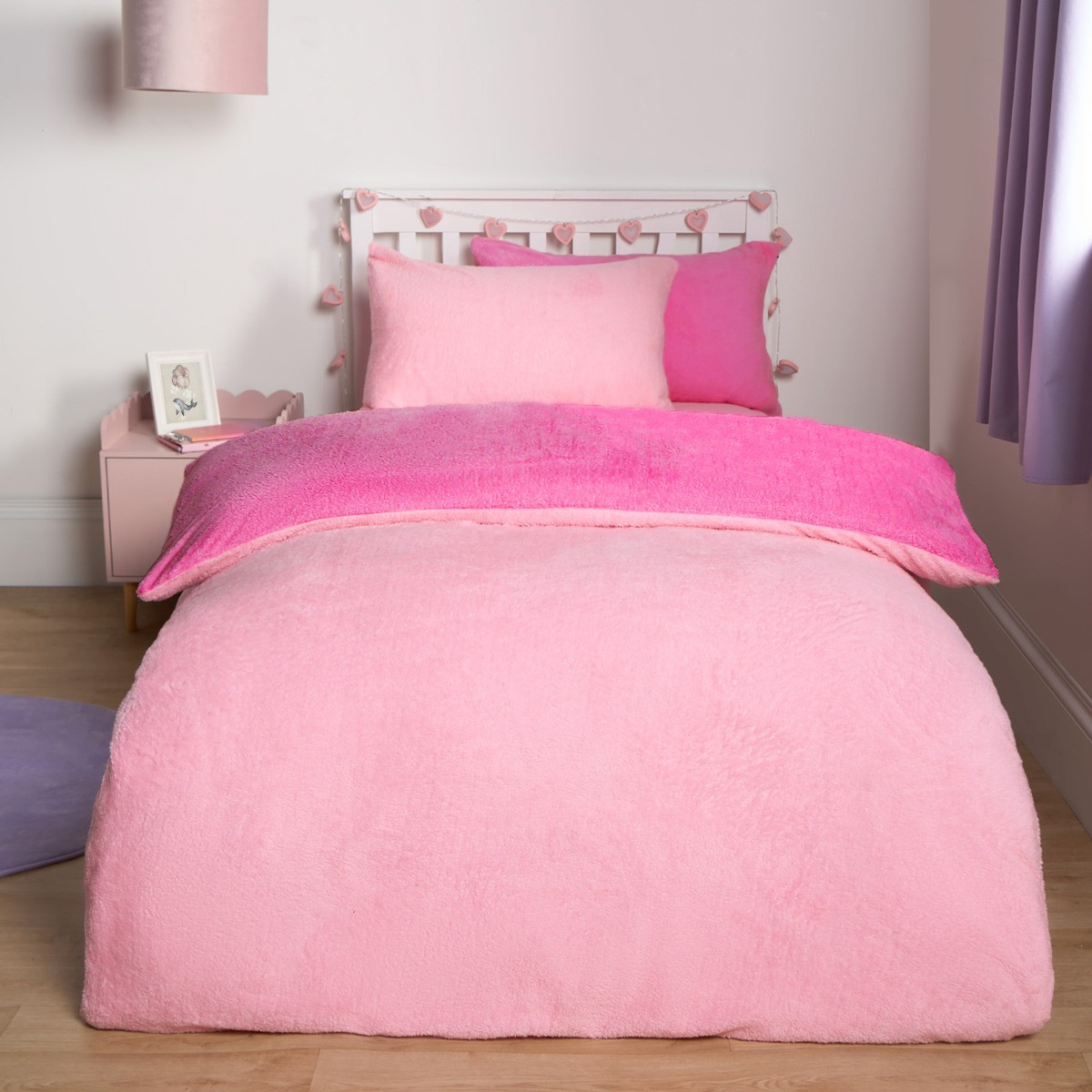OHS Teddy Fleece Reversible Duvet Cover Set - Pink/ Bright Pink>