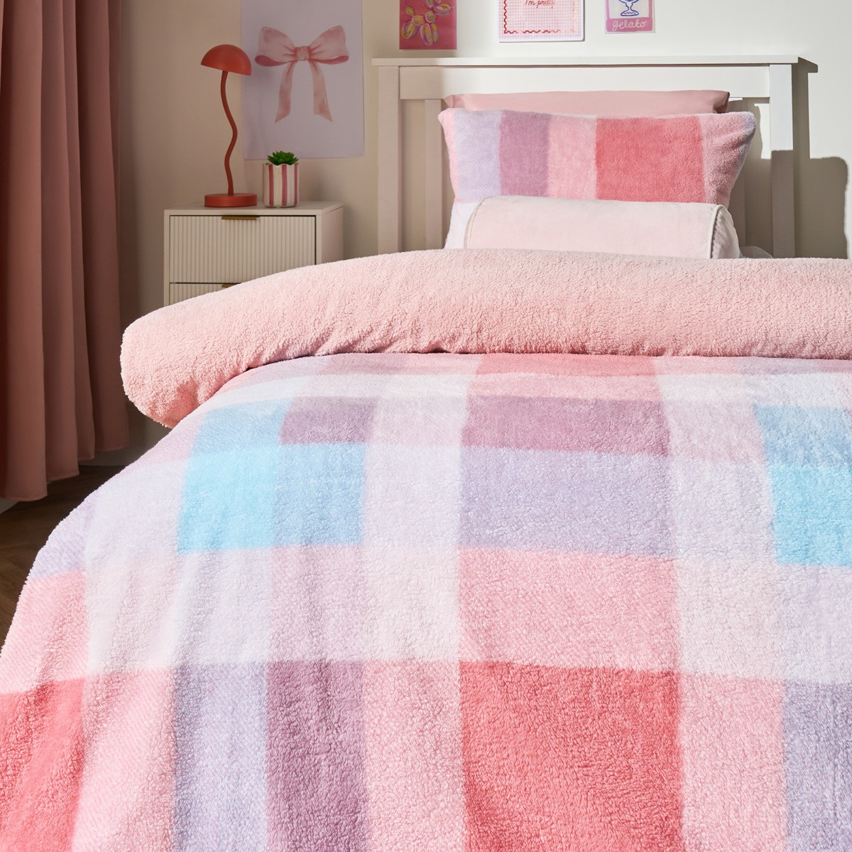 OHS Patchwork Check Teddy Duvet Set, Multi - Single>