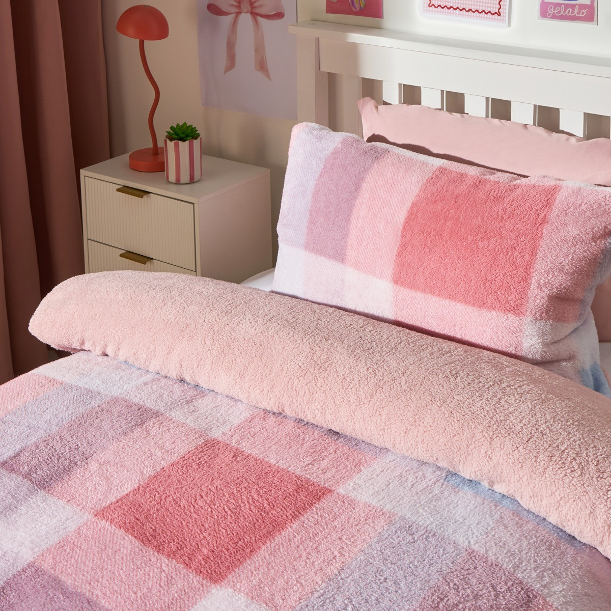 OHS Patchwork Check Teddy Duvet Set, Multi - Single>