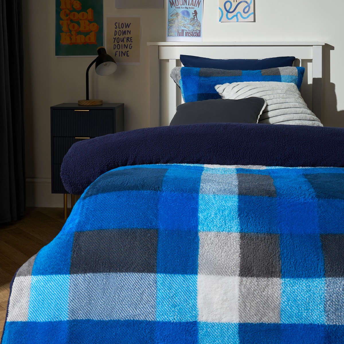 OHS Patchwork Check Teddy Duvet Cover Set - Navy/Grey>