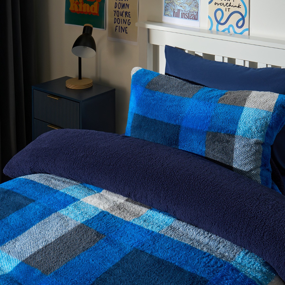 OHS Patchwork Check Teddy Duvet Cover Set - Navy/Grey>