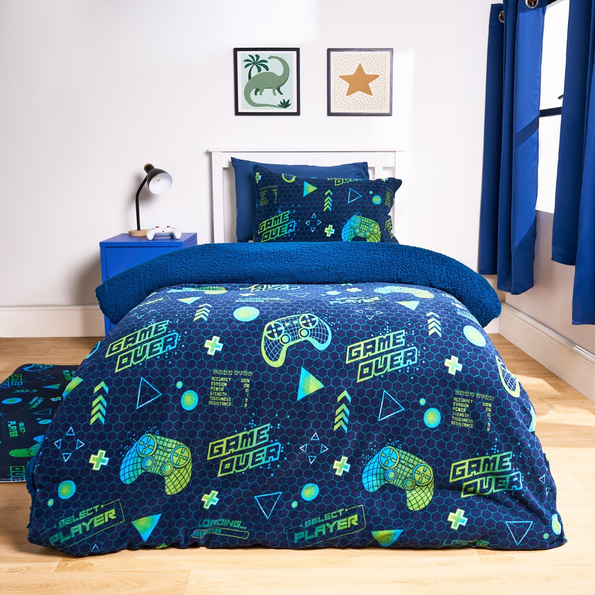 OHS Gaming Fleece Duvet Set - Navy/Green - Single>