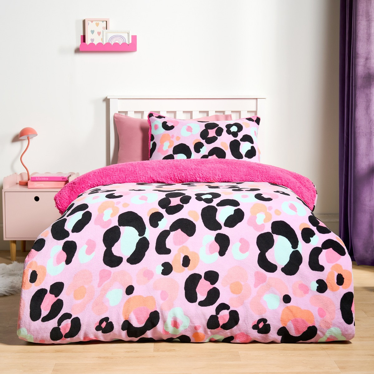 OHS Leopard Fleece Duvet Set, Lilac - Double >