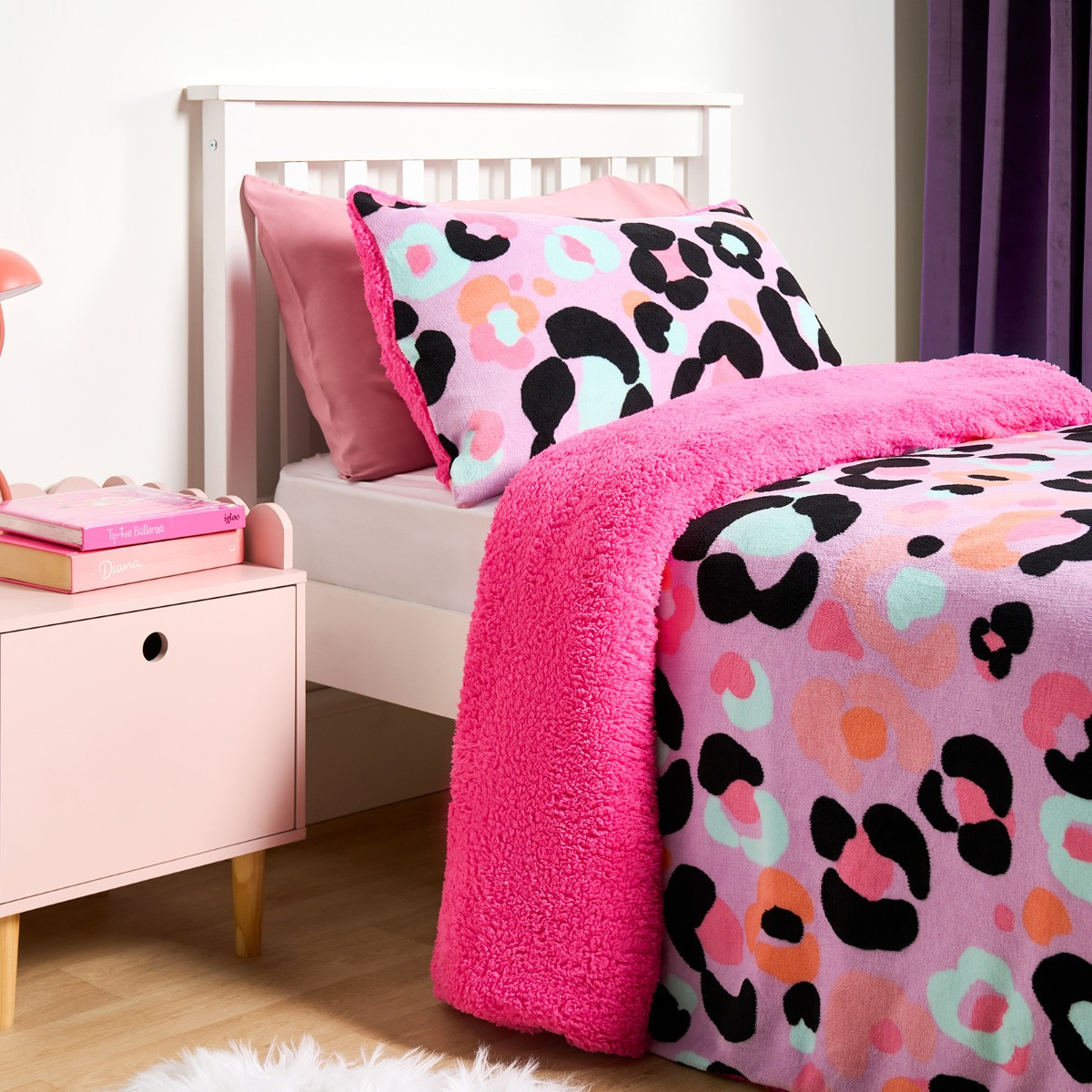 OHS Leopard Fleece Duvet Set, Lilac - Single>