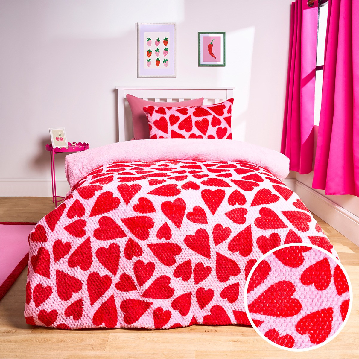 OHS Heart Print Waffle Fleece Duvet Cover Set - Pink/Red>