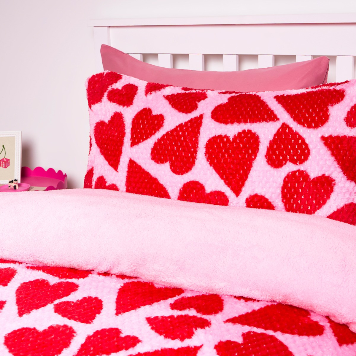 OHS Heart Print Waffle Fleece Duvet Cover Set - Pink/Red>