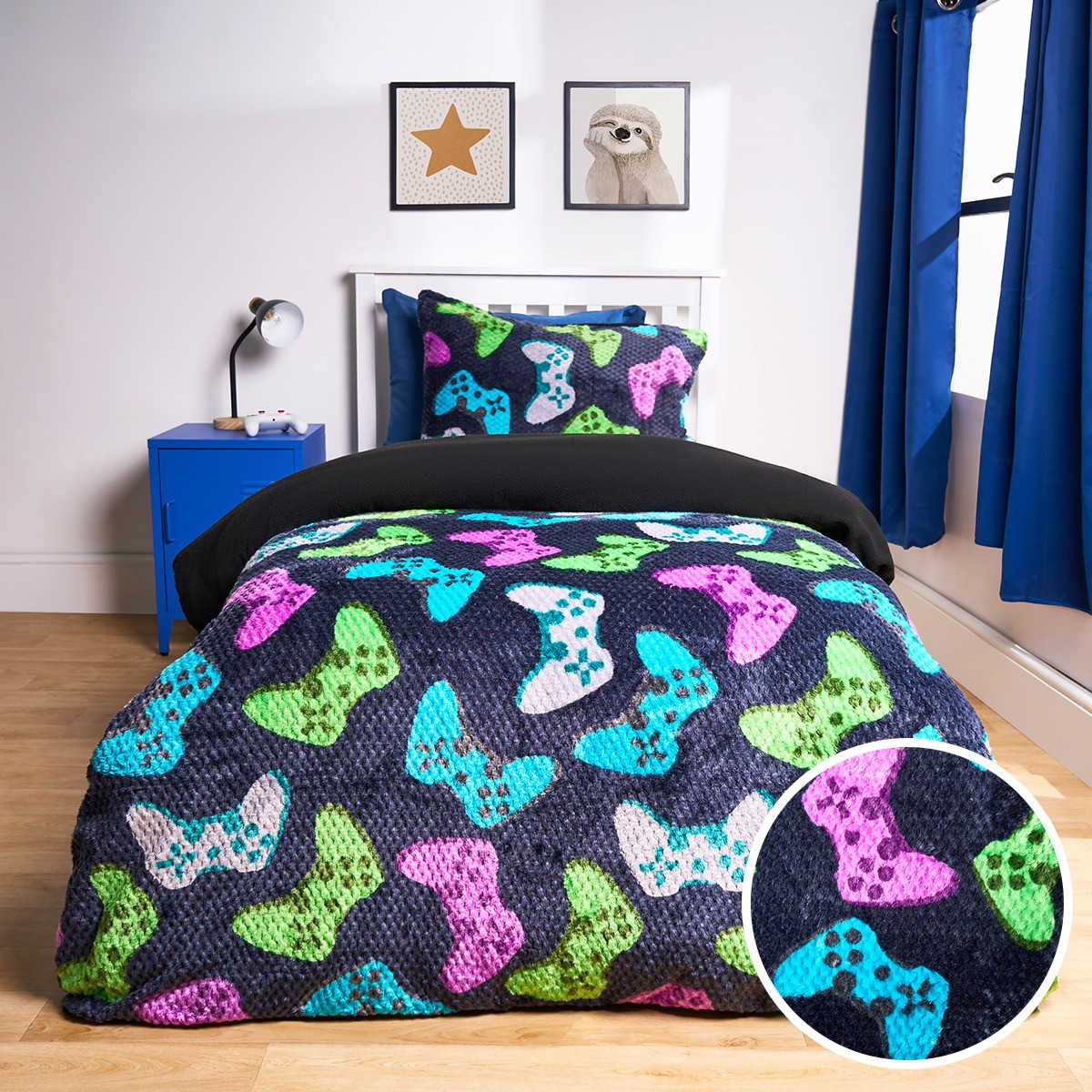 OHS Gaming Print Waffle Fleece Duvet Cover Set - Navy >