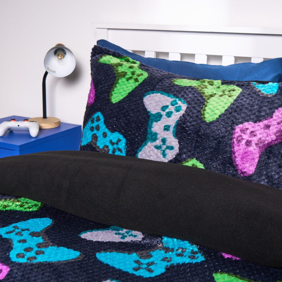 OHS Gaming Print Waffle Fleece Duvet Cover Set, Navy - Single>