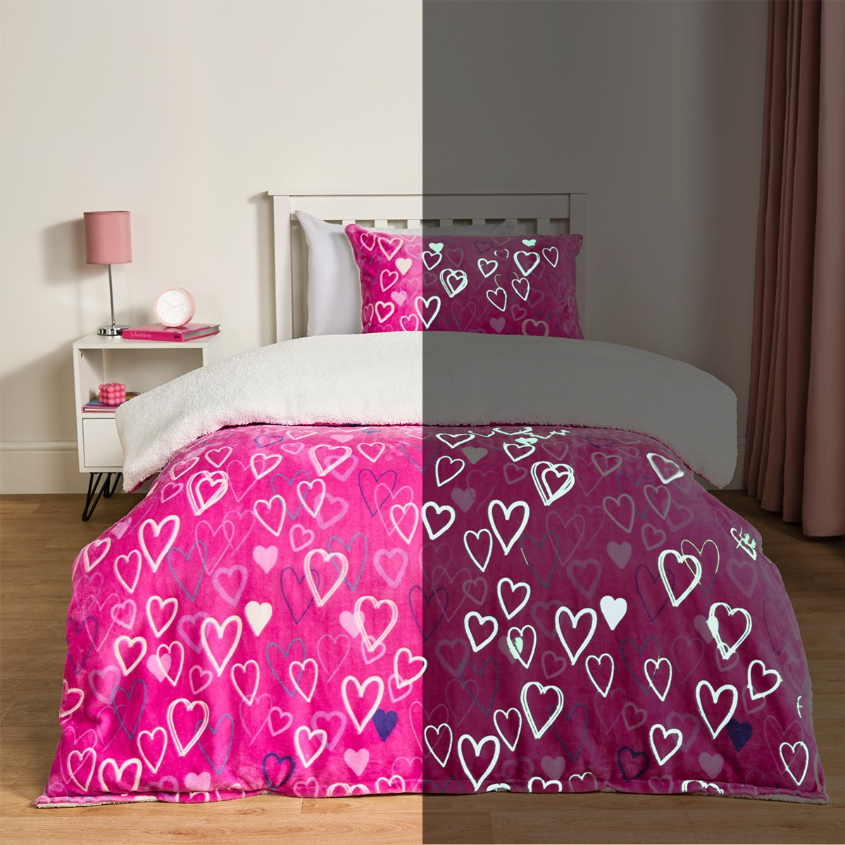 OHS Heart Printed Glow In The Dark Duvet Set, Pink - Double>