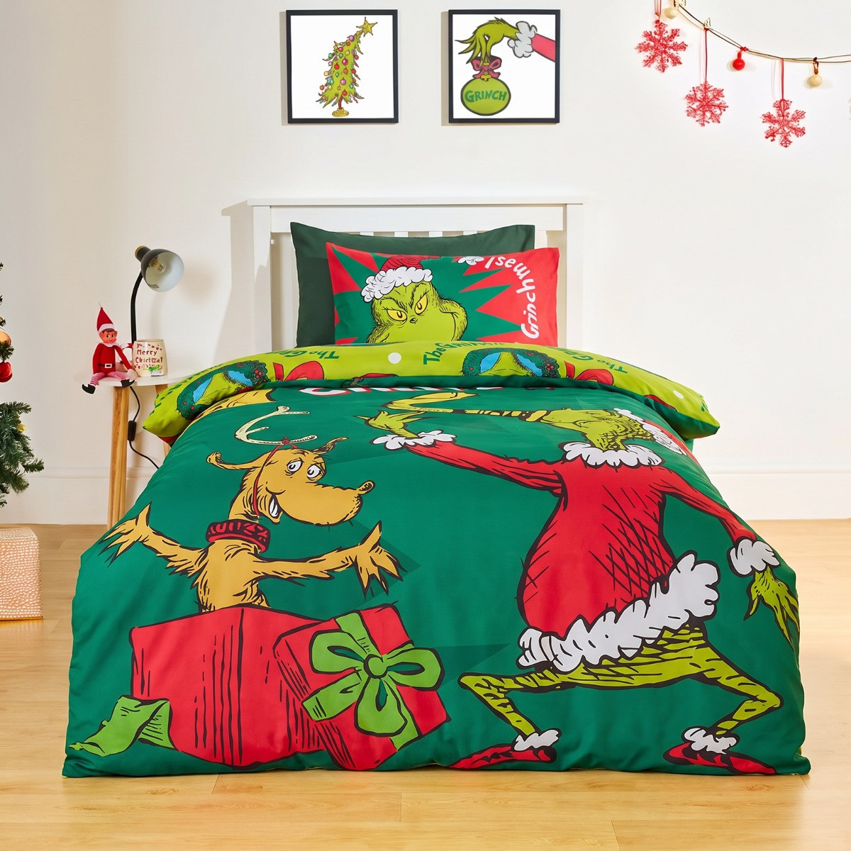 OHS Grinch Printed Duvet Set, Green - Single>